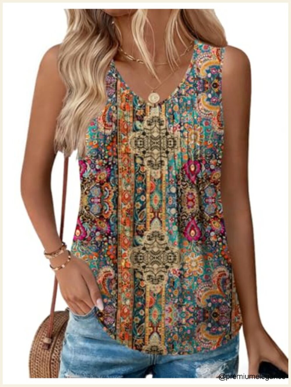 Sleeveless V Neck Tank Top Pleated Flowy Boho Blouse Loose Fit Summer